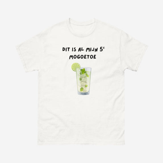 Wit 5e mogoetoe t-shirt met tekst en afbeelding van een drankje met limoen en munt