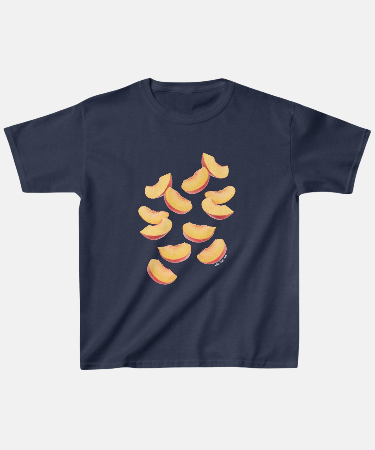 Navy blauwe baby tee met perziken print van Silkz met kleurrijke perzikillustraties
