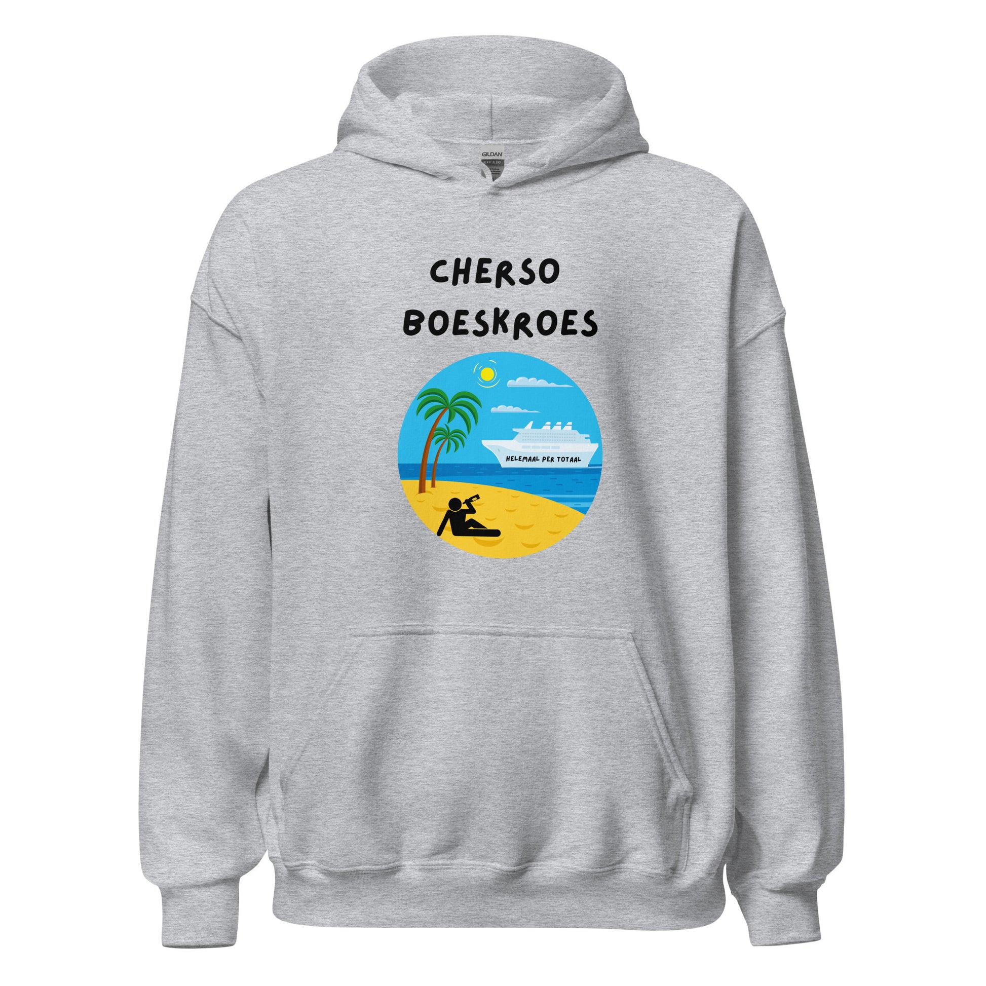 Grijze hoodie van SILKZ®STUDIOS met kleurrijke Cherso Booze Cruise hoodie print van strand en palmboom