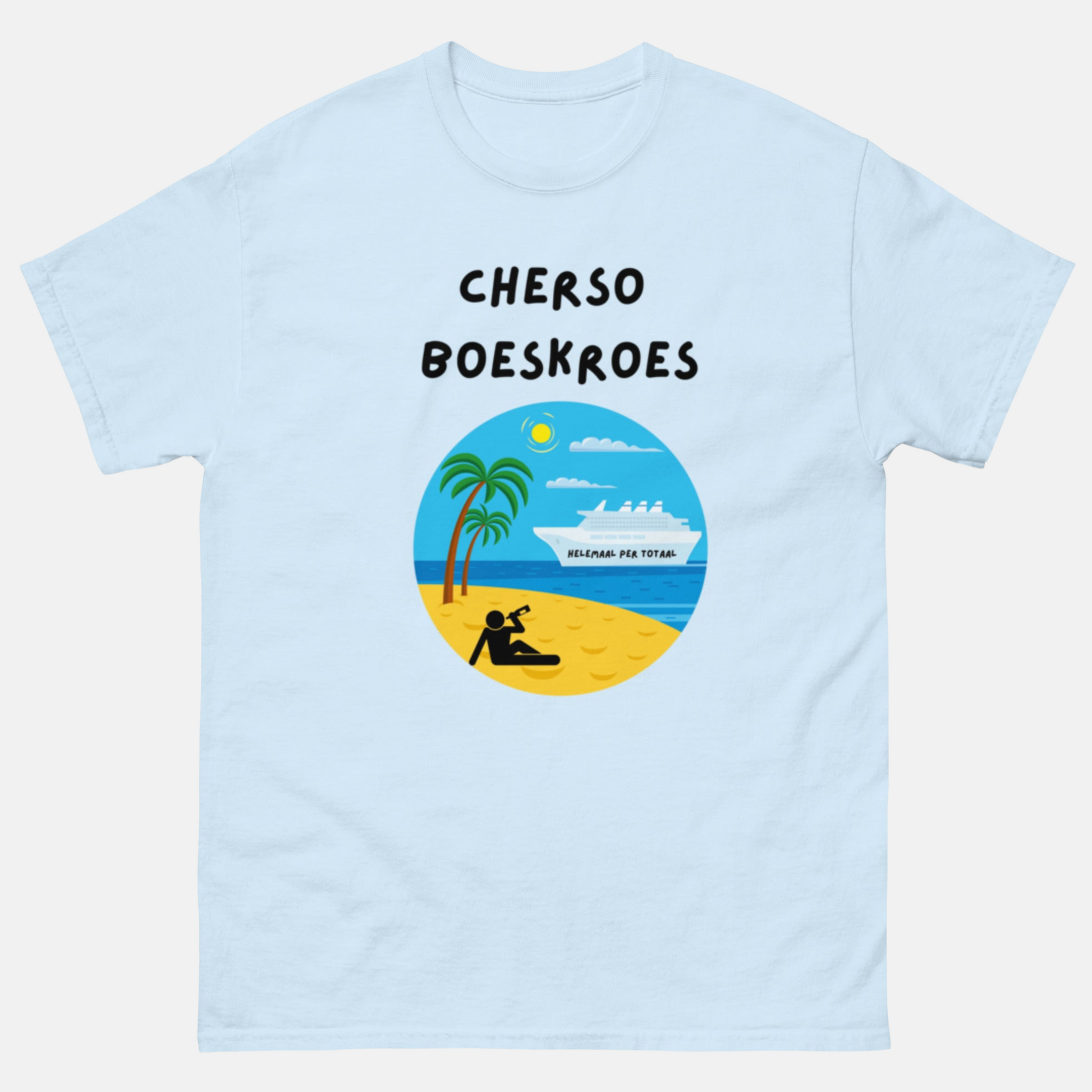 Lichtblauw Cherso booze cruise t-shirt met strand- en cruiseschipillustratie en zwarte tekst