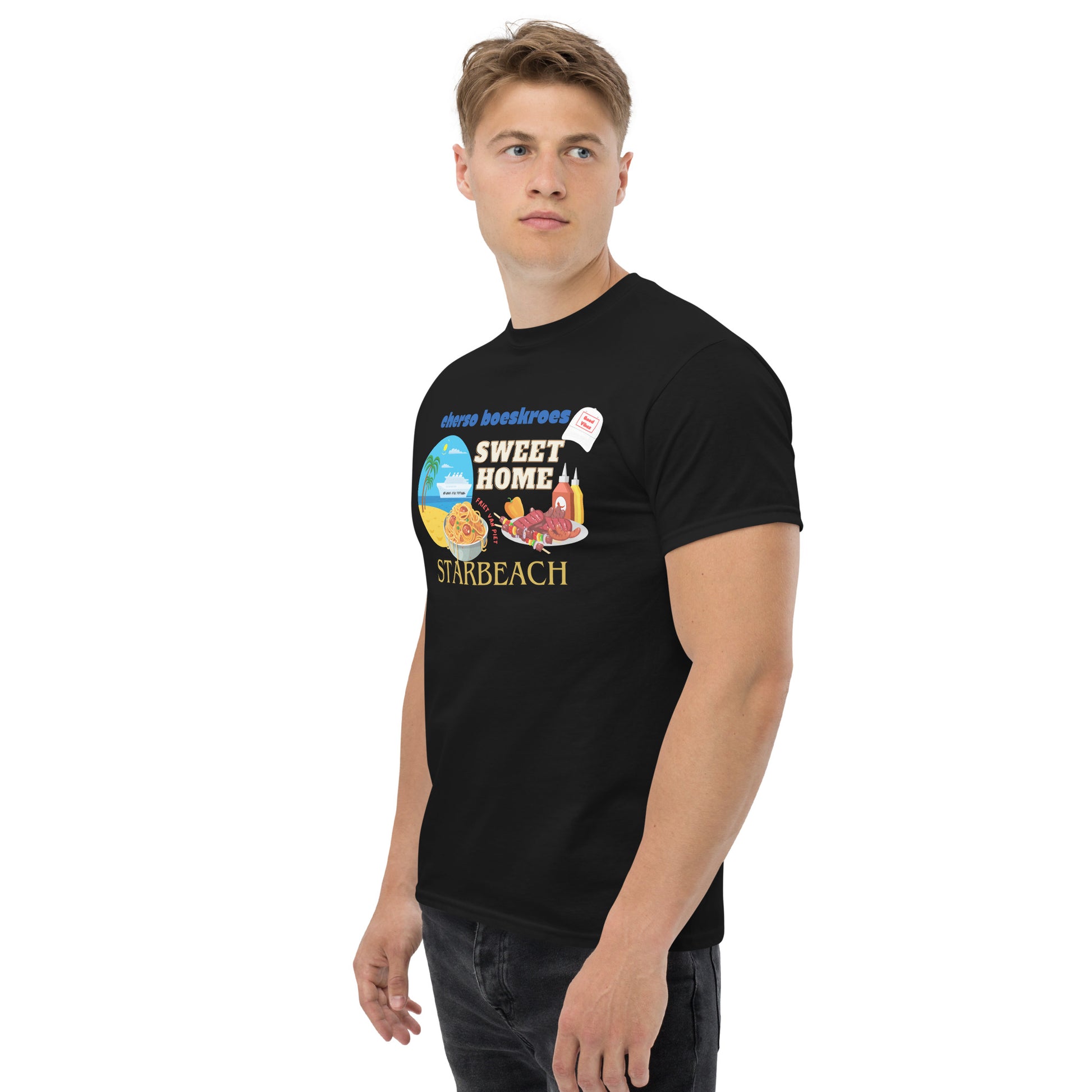 Zwart Cherso vakantie t-shirt met kleurrijke zomerse print gedragen door mannelijke model