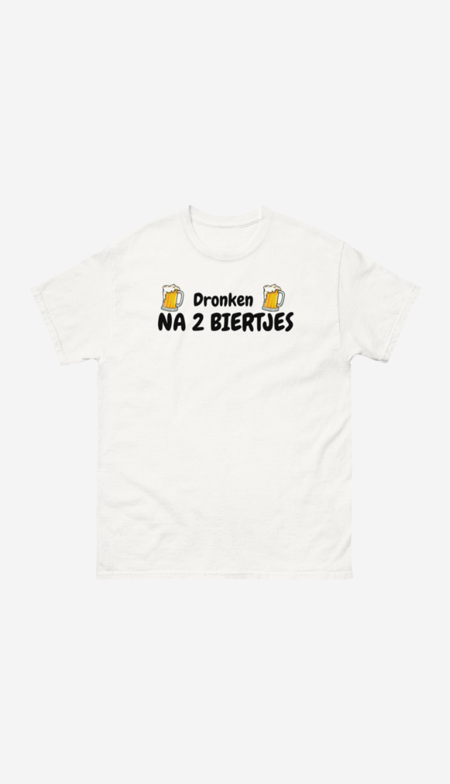Wit dronken na 2 biertjes t-shirt met tekst en bierglas illustraties van Silkz