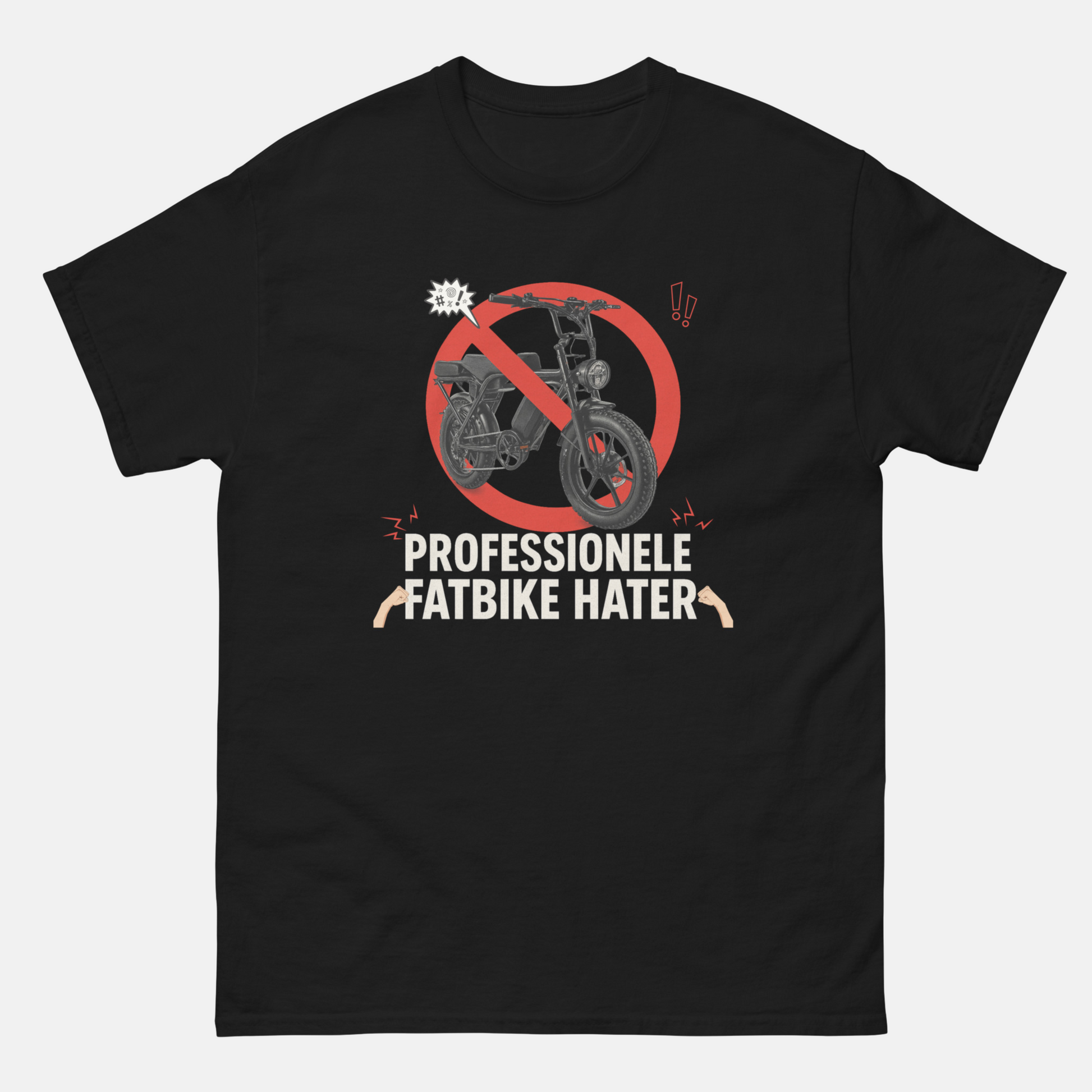 Zwart fatbike hater t-shirt met rode verboden teken en tekst professionele fatbike hater