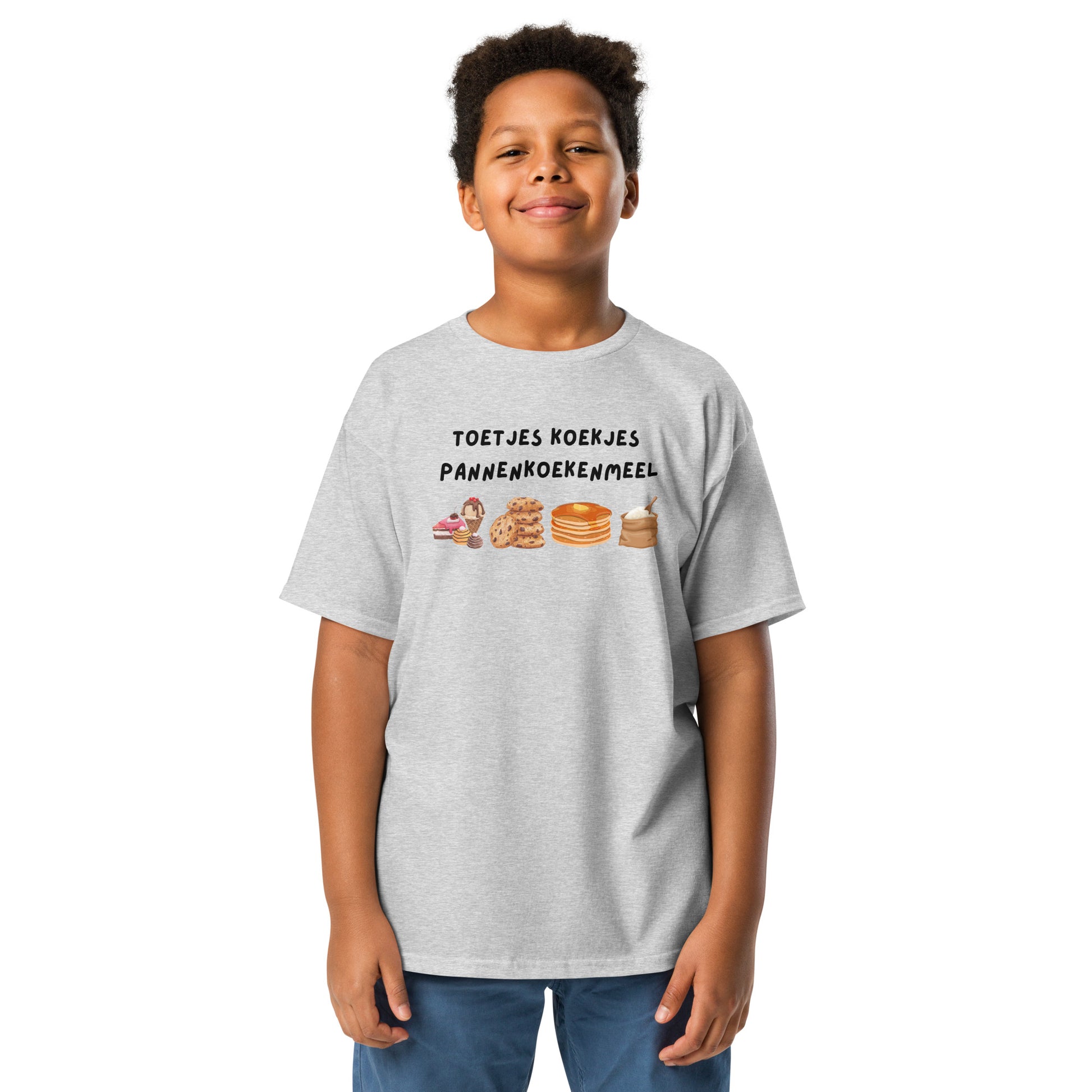 Grappig kinder t-shirt eten met tekst en illustraties van koekjes en pannenkoeken voor kinderen