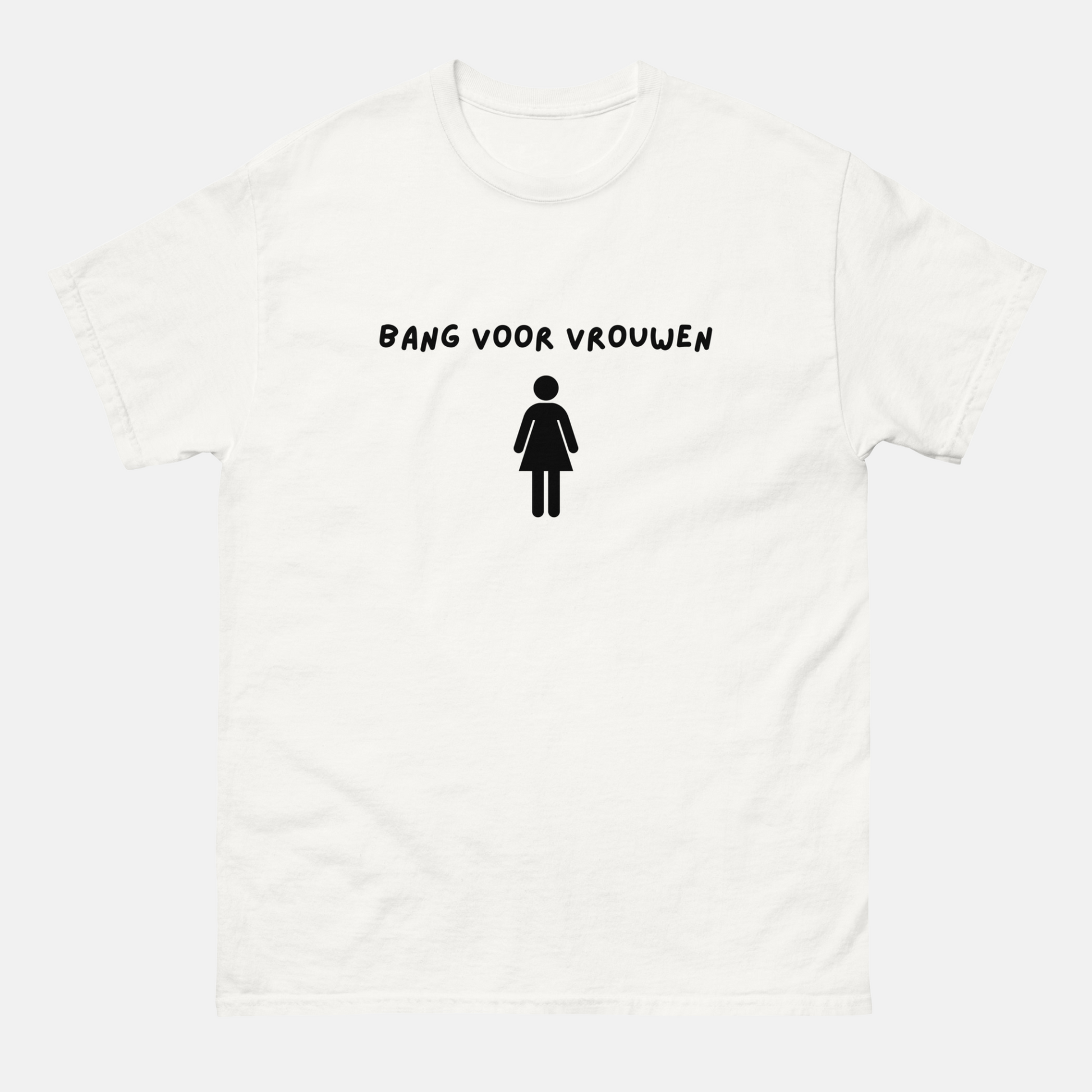 Wit grappig unisex t-shirt van Silkz met zwarte tekst Bang Voor Vrouwen en een vrouwensymbool