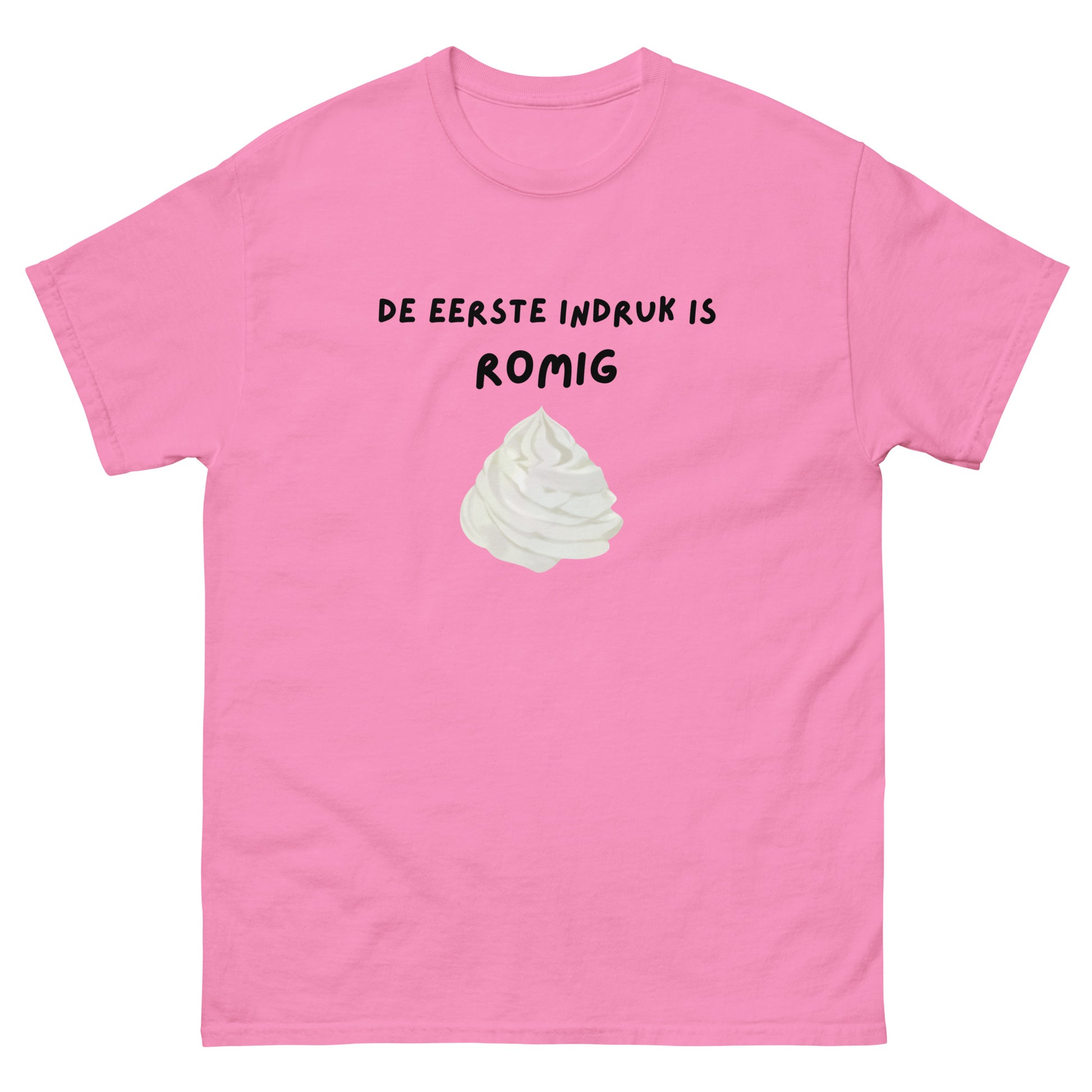 Roze grappige t-shirts unisex met tekst De eerste indruk is romig en afbeelding van slagroom