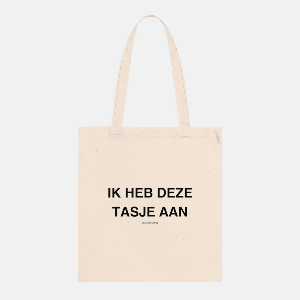 Beige tas met zwarte tekst ik heb deze tasjes aan tote bag van katoen met lange hengsels