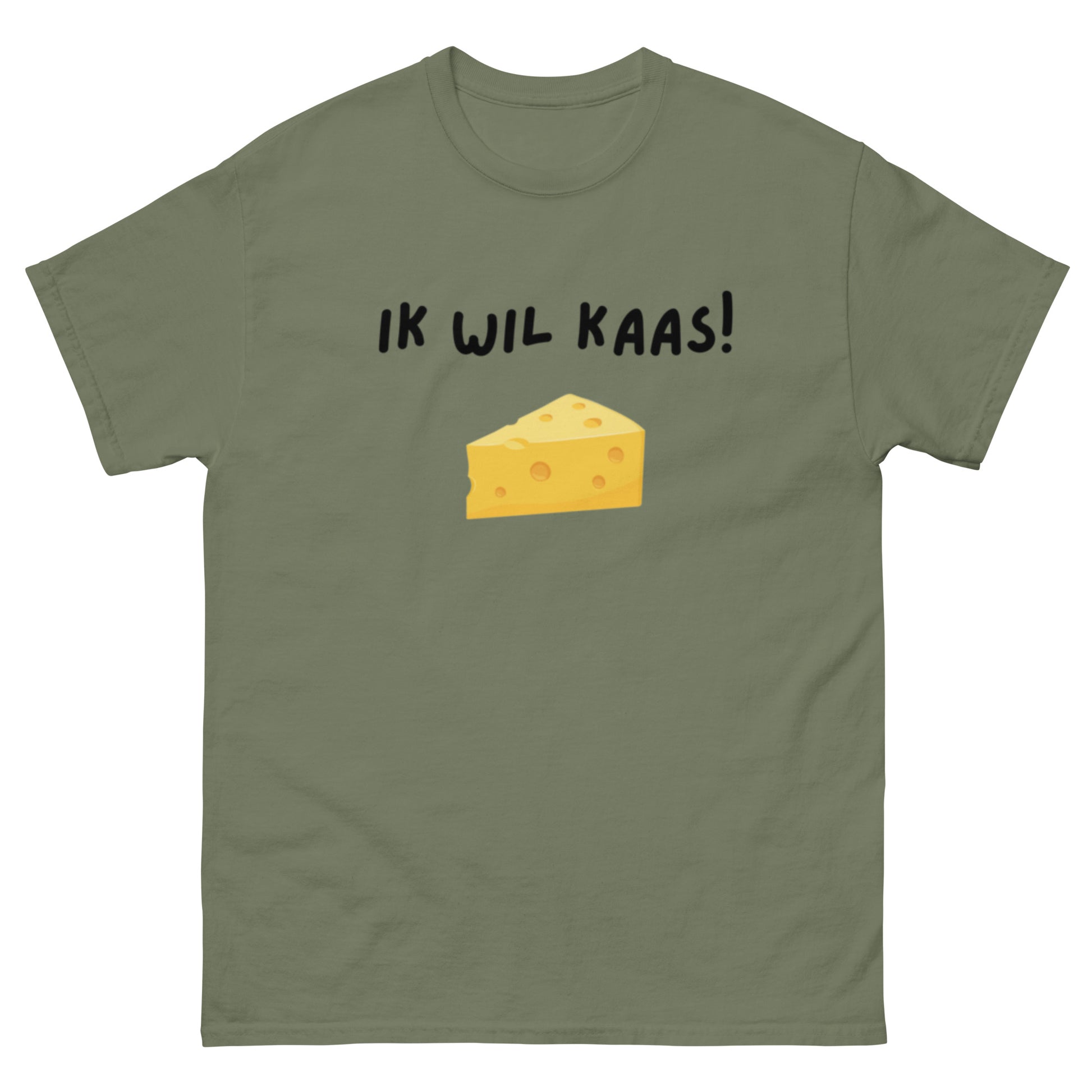 Olijfgroen t-shirt met opdruk ik wil kaas en een gele kaasillustratie van Silkz