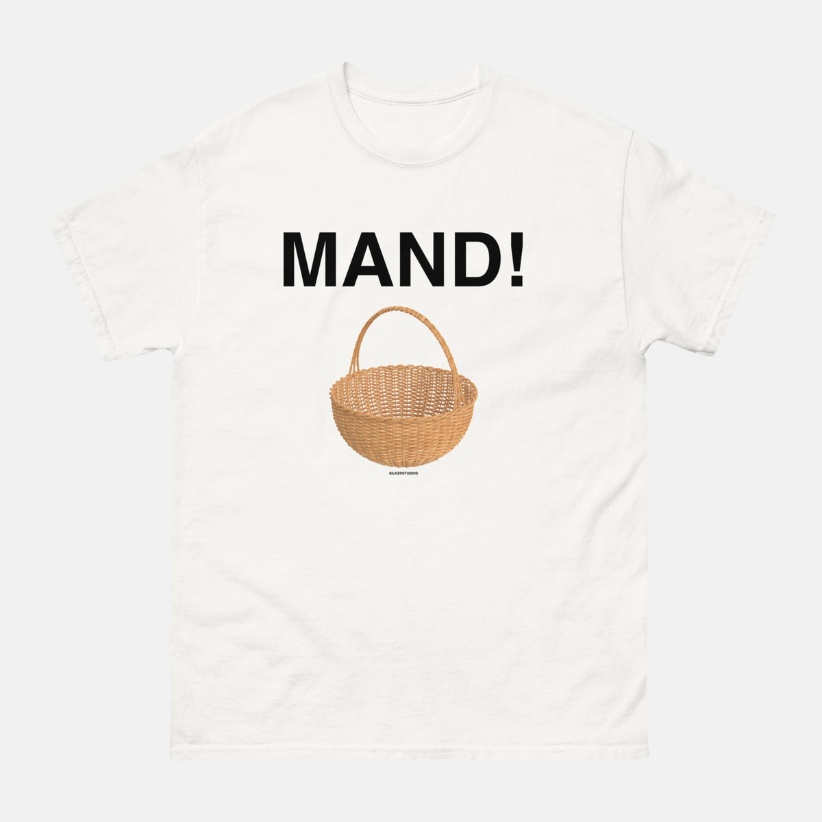 Wit Silkz Mand t-shirt unisex met zwart opschrift en afbeelding van een mand
