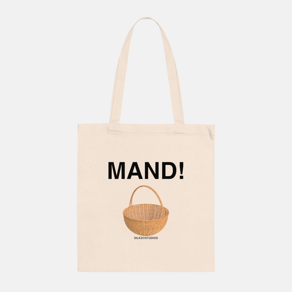 Beige MAND tote bag met zwarte opdruk en afbeelding van een mand voor dagelijks gebruik