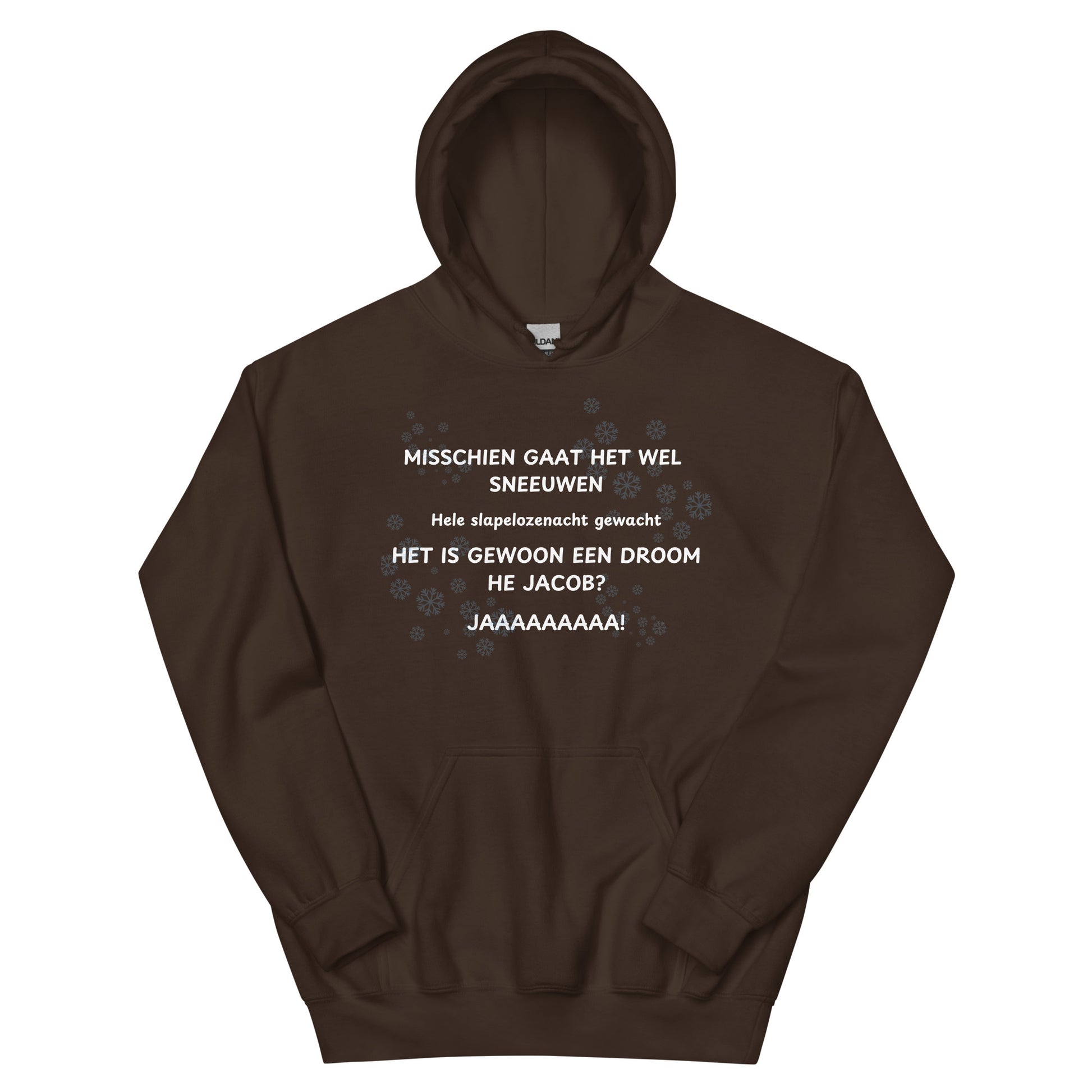 Bruine misschien gaat het wel sneeuwen hoodie met wit tekstprint en kap van SILKZSTUDIOS