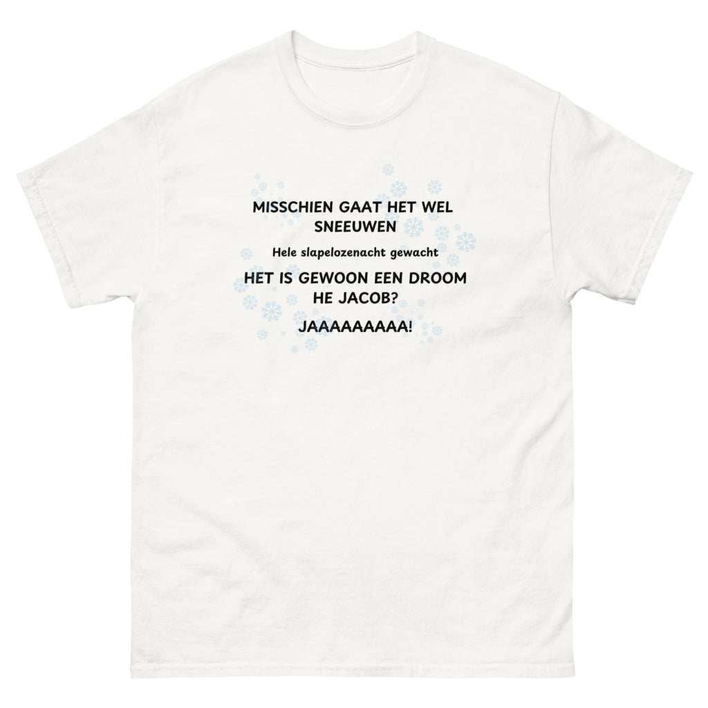 Wit misschien gaat het wel sneeuwen t-shirt met zwarte en blauwe tekst en sneeuwvlokken ontwerp