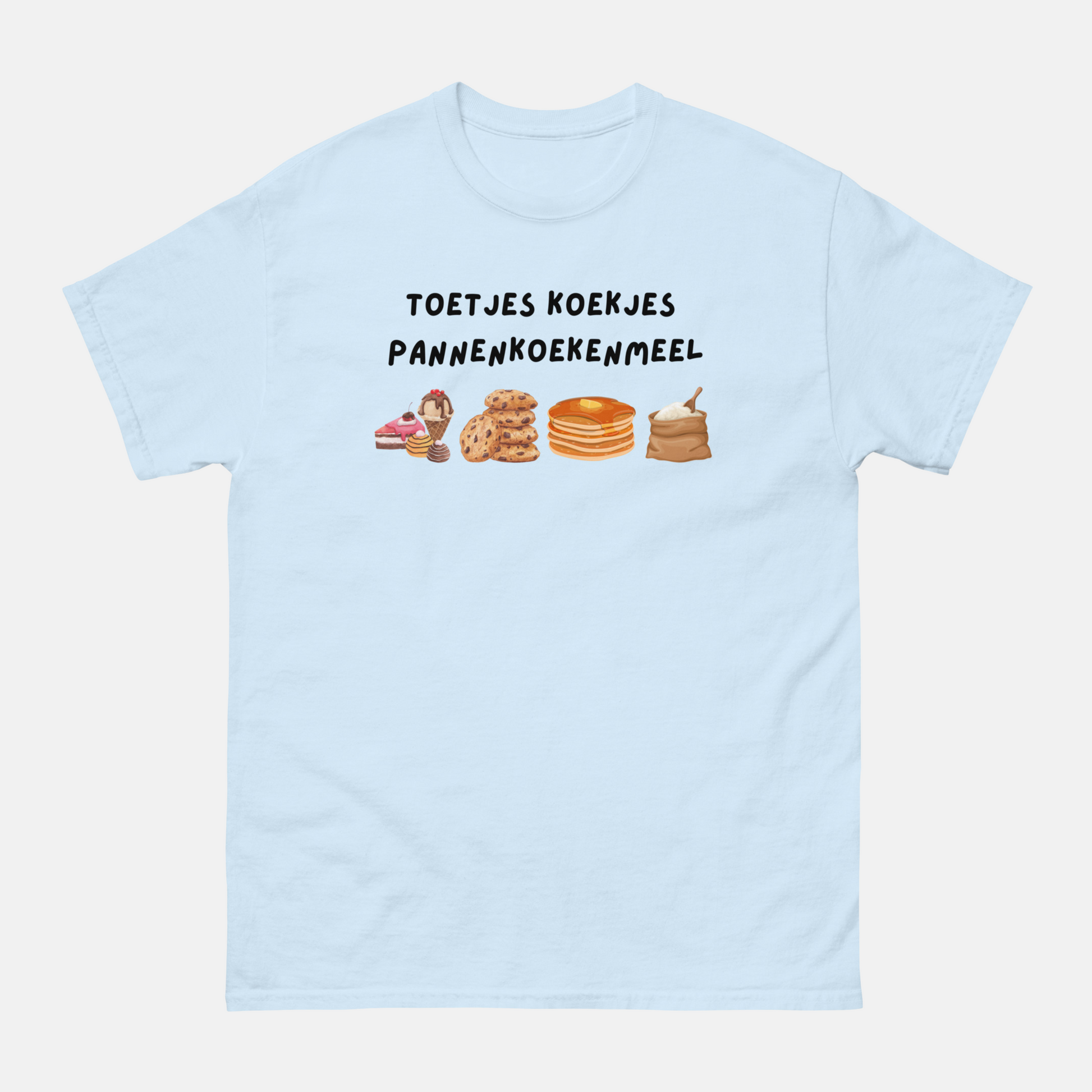 Lichtblauw toetjes t-shirt met illustraties van toetjes, koekjes en pannenkoekenmeel print