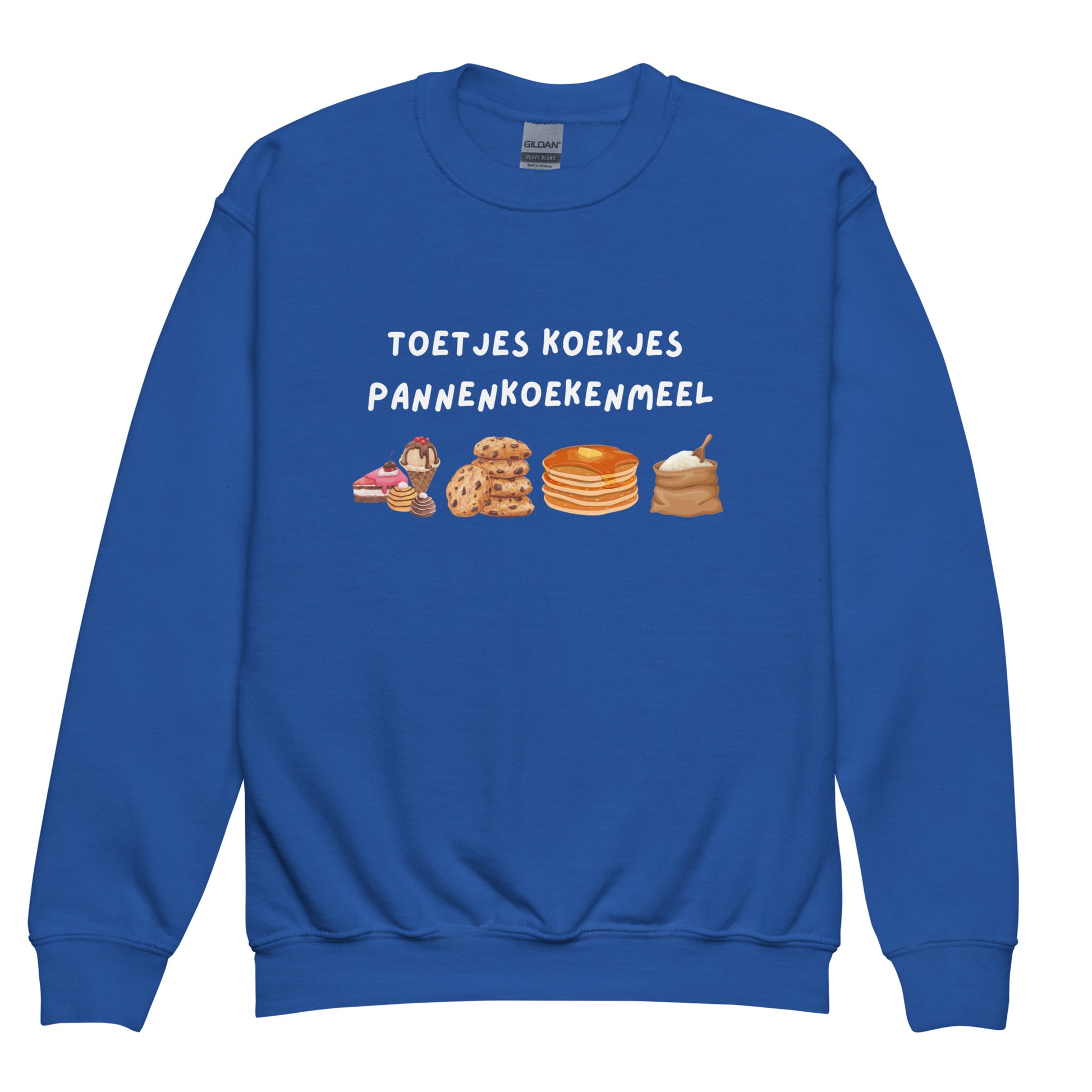 Blauwe trui kind grappige print met tekst en afbeeldingen van koekjes en pannenkoeken