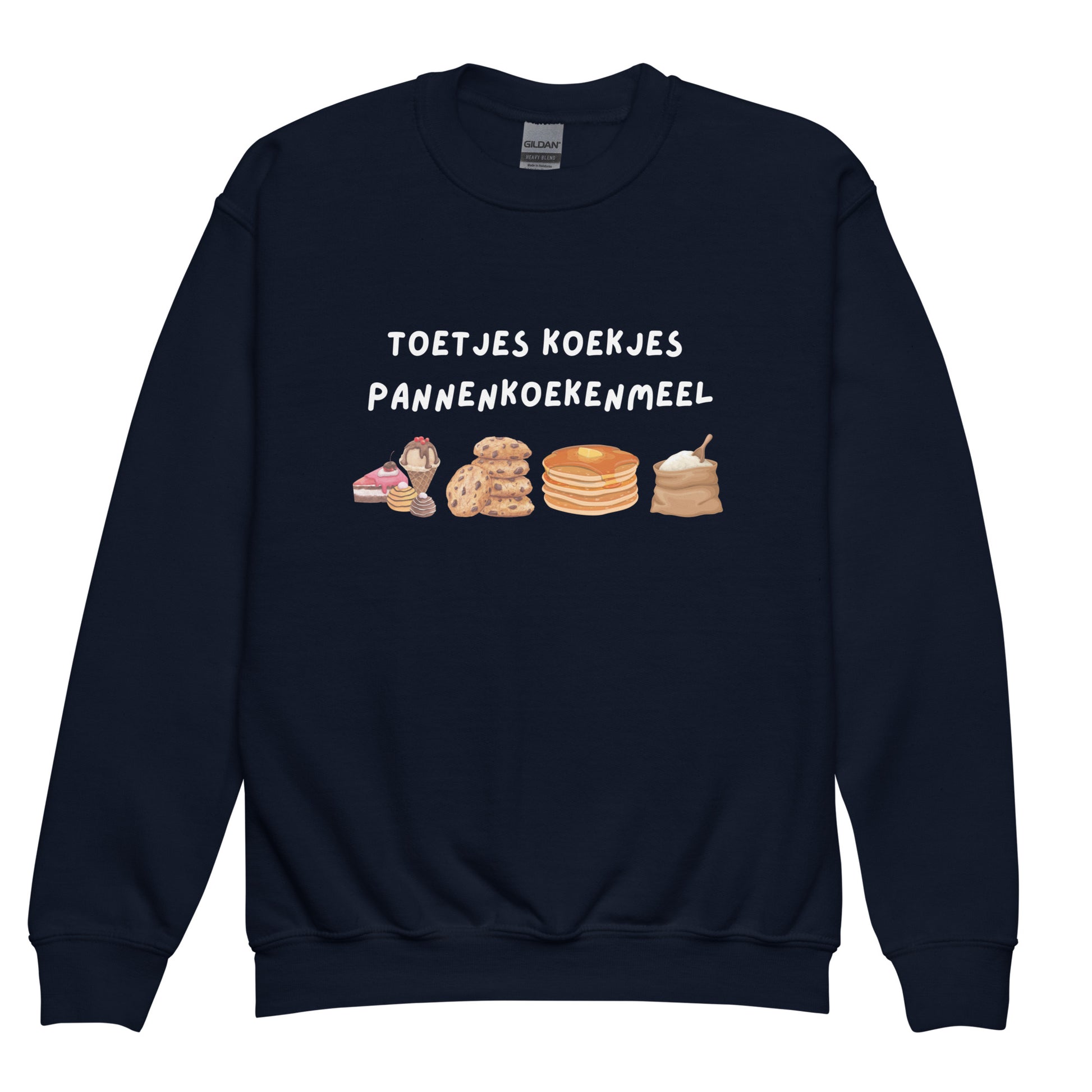 Donkere trui kind grappige print met afbeeldingen van koekjes, pannenkoeken en toetjes