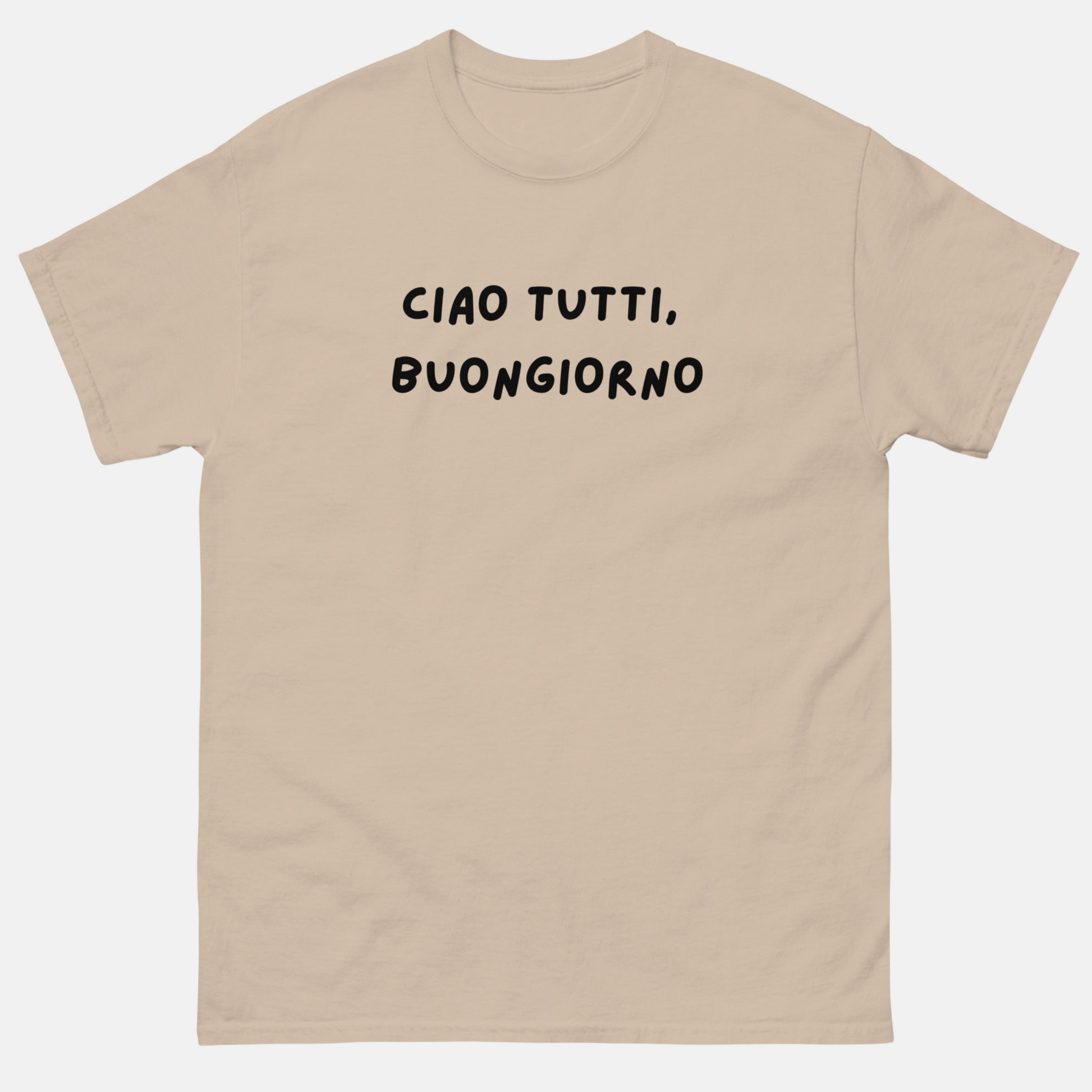 Beige unisex T-shirt Ciao Tutti met zwarte tekst Ciao Tutti Buongiorno van Silkz