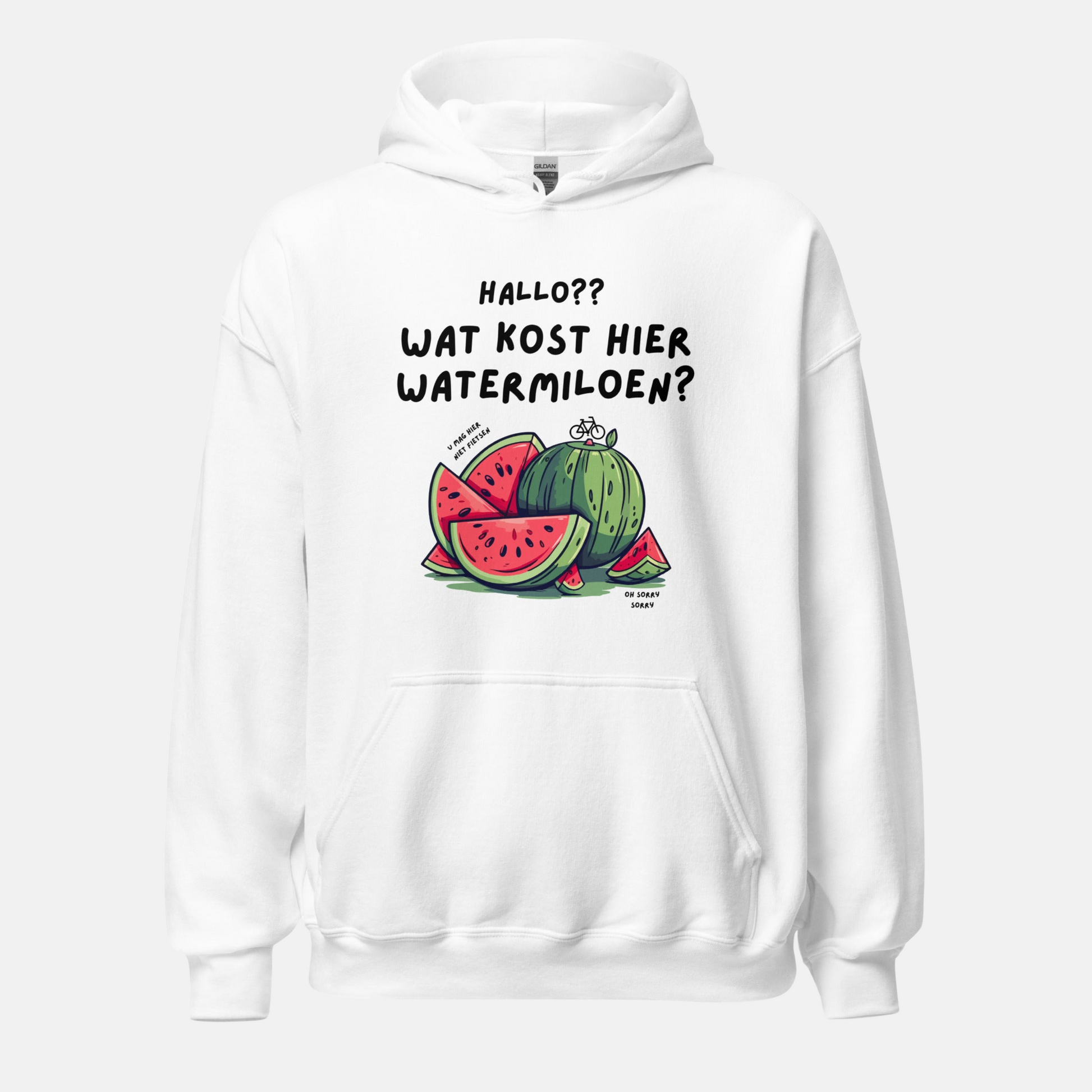 Witte watermeloen hoodie unisex met grappige tekst en kleurrijke watermeloen illustratie