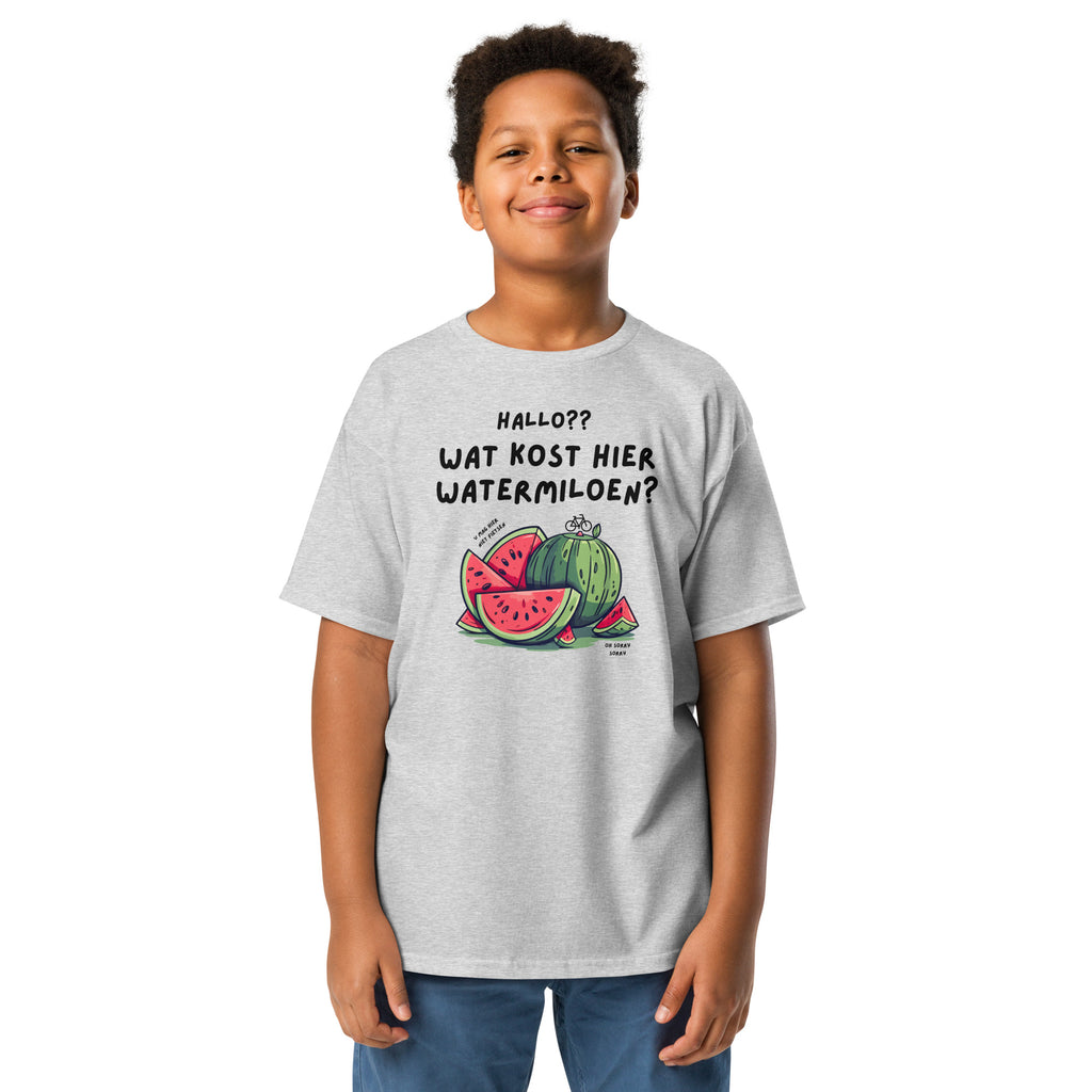 Grijs watermeloen t-shirt kinderen met grappige tekst en watermeloen design van SILKZ Studios