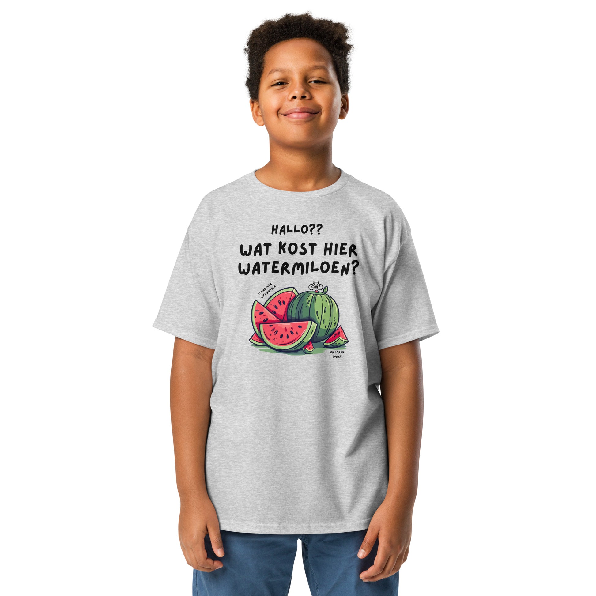 Grijs watermeloen t-shirt kinderen met grappige tekst en watermeloen design van SILKZ Studios