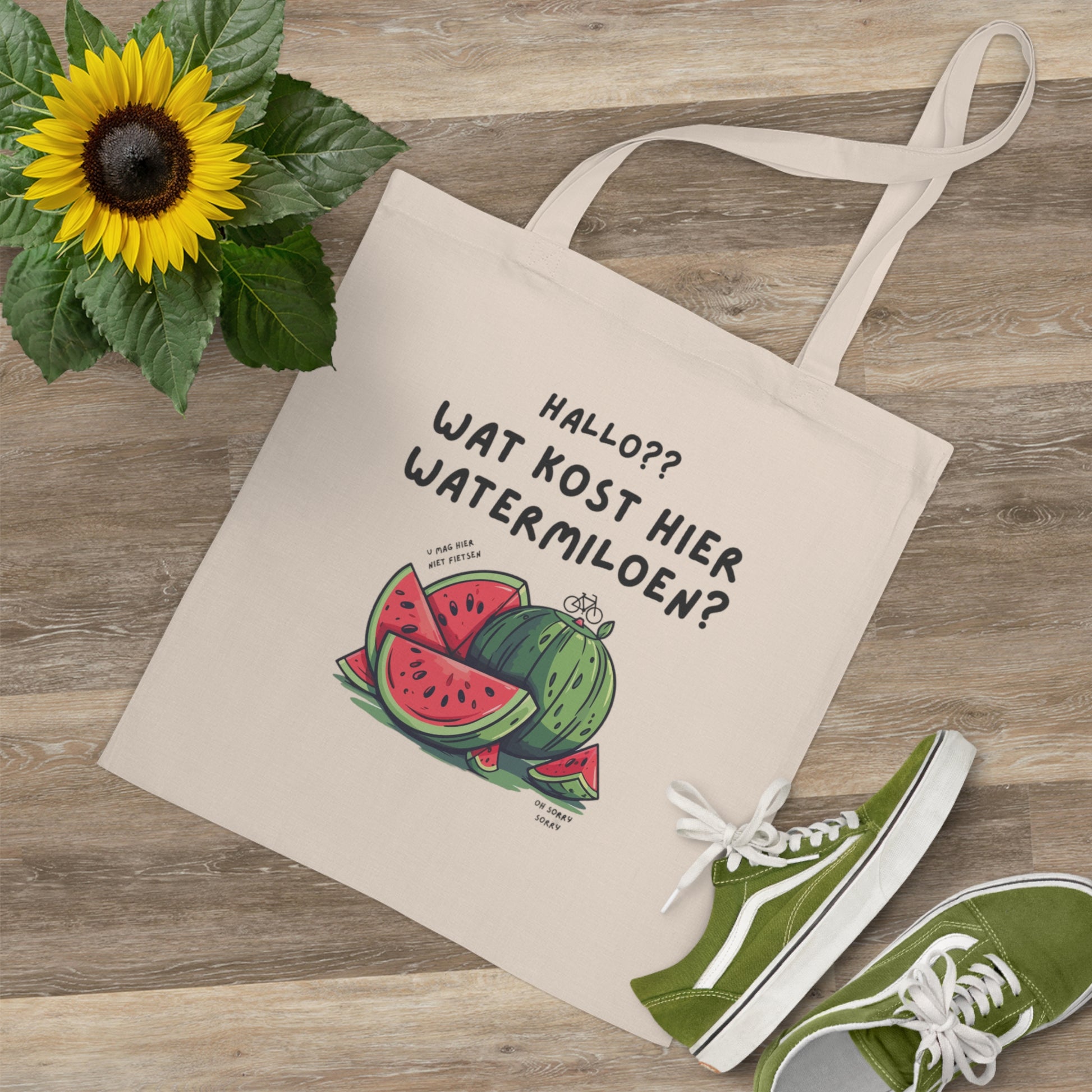 watermeloen tote bag met grappige watermeloen illustratie en tekst in natuurlijke kleuren
