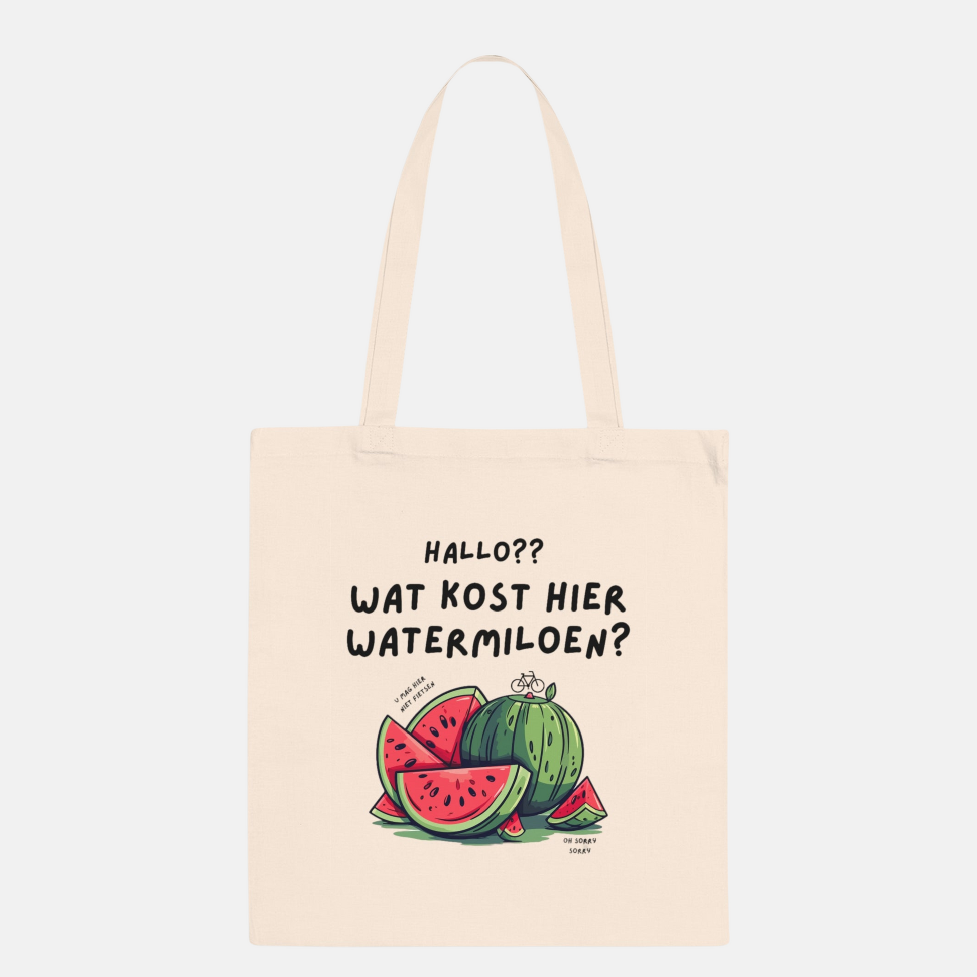 watermeloen tote bag met grappige tekst en watermeloen illustratie op beige achtergrond