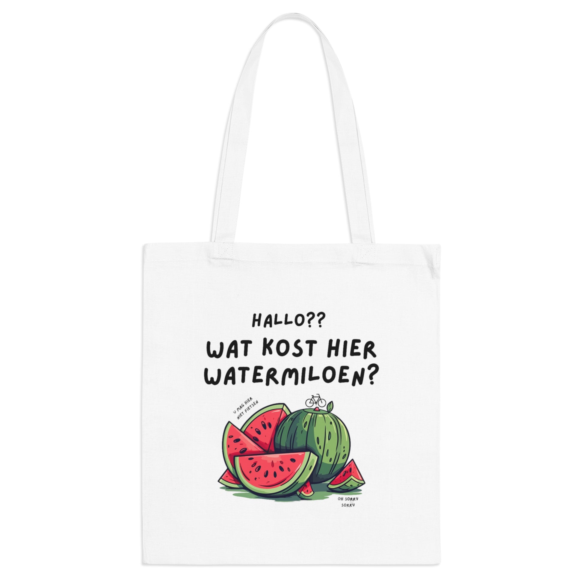 Witte watermeloen tote bag met grappige tekst en illustratie van watermeloen en stukjes