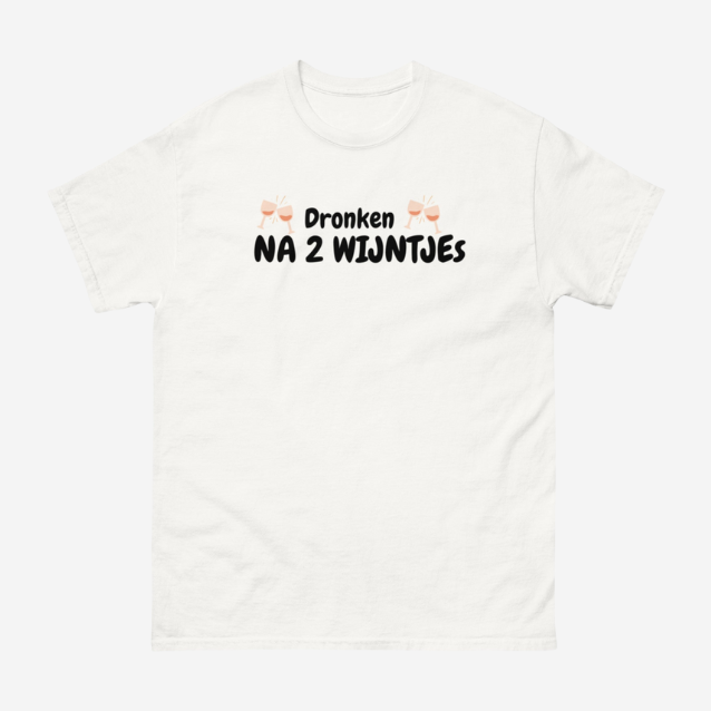 Wit t-shirt met opdruk dronken na 2 wijntjes t-shirt en illustraties van wijnglazen
